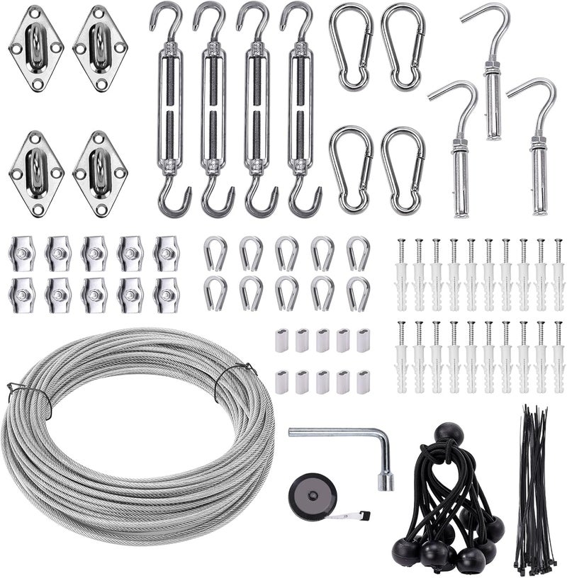 Unicaravan Shade Sail Hardware Kit 6 inch with 65.5FT 1/8" Wire Rope Kit for Triangle Rectangle Sun Shade Sail Outdoor Installation turnbuckles for Cables Wire for Outdoor,Garden,Kitchen,Craft,123PCS - Image 1